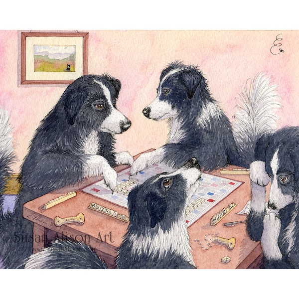 Border Collie dog 5x7 and 8x10 art print sheepdog playing Scrabble board game words tiles letters from Susan Alison watercolour painting