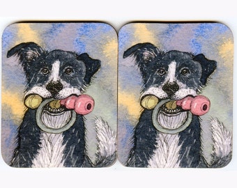 2 x Border Collie dog toy storage coasters ball toys ring from Susan Alison watercolor painting