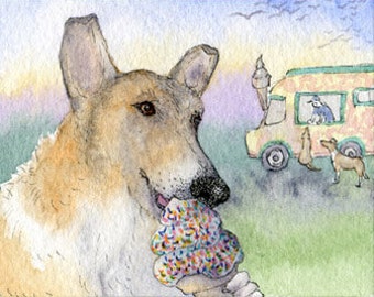 Smooth Collie dog 5x7 and 8x10 print poster sprinkles on icecream cone from a Susan Alison watercolour painting herding short-coated Lassie