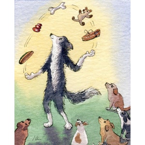 Border Collie dog 5x7 and 8x10 art prints poster juggling sheepdog party piece trick audience pups from a Susan Alison watercolour painting