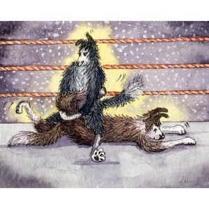wrestling Border Collie dog 8x10 & 5x7 inch signed print poster from a painting by Susan Alison sheepdog wrestlers in the ring combat sport
