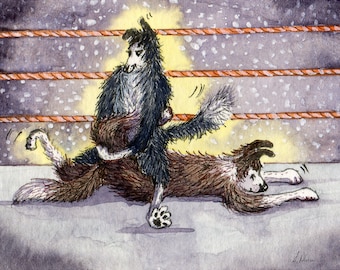 wrestling Border Collie dog 8x10 & 5x7 inch signed print poster from a painting by Susan Alison sheepdog wrestlers in the ring combat sport