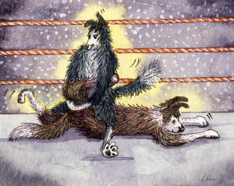 wrestling Border Collie dog 8x10 & 5x7 inch signed print poster from a painting by Susan Alison sheepdog wrestlers in the ring combat sport