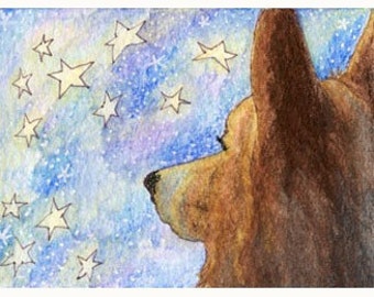 Welsh Corgi dog 5x7 & 8x10 inch print poster wish upon a star from Susan Alison watercolour painting gazing staring at the sky starry night