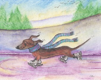 Dachshund dog 5x7  8x10 inch art print by Susan Alison Weiner Doxie sausage dog dachs dachsie ice figure skating skater singing humming song