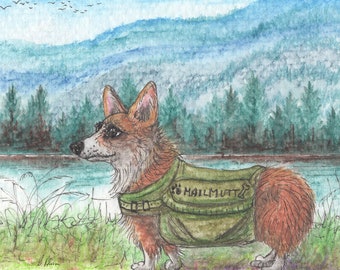 Postal service Welsh Corgi dog 8x10 & 5x7 art print mailman postman courier post from Susan Alison painting post mail worker saddlebags task