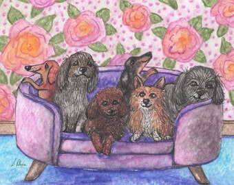 8x10 print gang poster from a Susan Alison watercolour painting dogs corgi poodle shih tzu friendship friends pals comrades couch dachshund