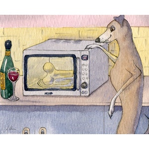 greyhound 5x7 and 8x10 art prints poster sighthound from a Susan Alison watercolour painting whippet dog TV dinner microwave cooking wine