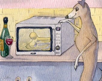 greyhound 5x7 and 8x10 art prints poster sighthound from a Susan Alison watercolour painting whippet dog TV dinner microwave cooking wine