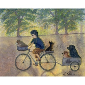 Border Collie dog dogs & their humans 5x7 8x10 art print greeting th morning bike ride carriage chi hua hua pomeranian papillon Susan Alison