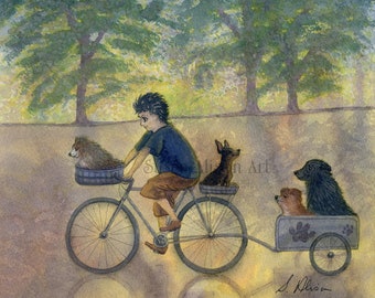 Border Collie dog dogs & their humans 5x7 8x10 art print greeting th morning bike ride carriage chi hua hua pomeranian papillon Susan Alison