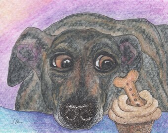 Whippet greyhound dog print 5x7 and 8x10" lurcher sighthound from a Susan Alison watercolour painting he hardly dare hope cupcake is for him