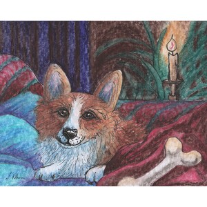Welsh Corgi dog pup 5x7 and 8x10 prints poster care to share my bone? from a Susan Alison watercolour painting on the sofa lamp light share