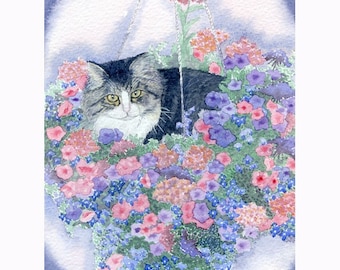 cat print poster kitten kitty in floral hanging basket 5x7 and 8x10 art prints from a Susan Alison watercolour painting tabby fluffy petunia