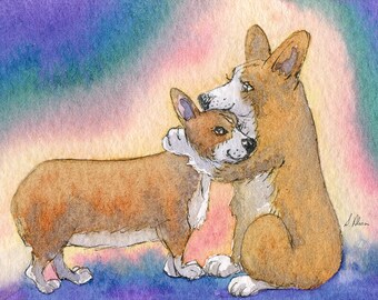 Welsh Corgi dog signed art print 5x7 and 8x10 inches from a Susan Alison watercolour painting hugs always available comfort dog close to you