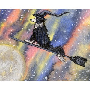 Border Collie dog 5x7 and 8x10 art print poster Halloween night flight on a broomstick from a Susan Alison watercolour painting night sky