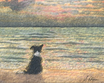 Border Collie dog 5x7 and 8x10 art prints sheepdog saying hello to the morning dawning over th sea from watercolour painted by Susan Alison