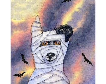 Impression d'art chien Border Collie 5 x 7 et 8 x 10 chien de berger d'un costume de momie peinture aquarelle Susan Alison joyeux Halloween cadavre égyptien