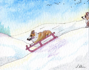 Welsh Corgi dog 5x7 8x10 signed art print speed fiend sledding sledging sled snow downhill sport leisure activity bobsledding tobogganing