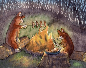 Welsh Corgi dog 5x7 8x10 art prints poster hot dogs around th camp fire cooking sausages camping chef from Susan Alison watercolour painting
