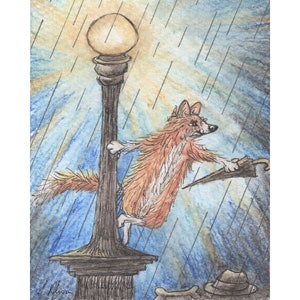 Print Pembroke Welsh Corgi dog 5x7 & 8x10 art poster pup from Susan Alison watercolour painting just singing in the rain gene kelly raining