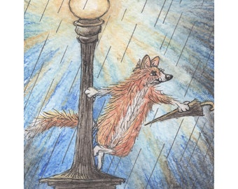 Print Pembroke Welsh Corgi dog 5x7 & 8x10 art poster pup from Susan Alison watercolour painting just singing in the rain gene kelly raining