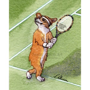 Welsh Corgi dog 5x7 and 8x10 prints playing tennis strawberries & cream Wimbledon racquet racket lawn tennis players headband sweatband