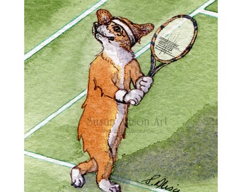 Welsh Corgi dog 5x7 and 8x10 prints playing tennis strawberries & cream Wimbledon racquet racket lawn tennis players headband sweatband
