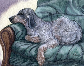 English Setter 5x7 and 8x10 dog art print poster considering having a nap on the sofa settee couch from a Susan Alison watercolour painting