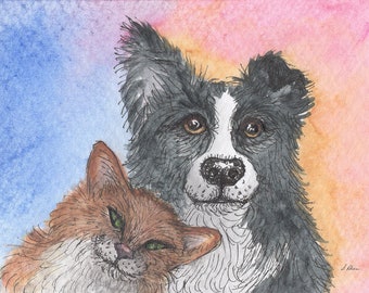 Border Collie dog 5x7 and 8x10 prints poster ginger cat from a Susan Alison watercolour painting comfort friend such good pals always there