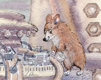 Doctor Welsh Corgi dog 5x7 and 8x10 print poster dogtor time doggo in his travelling machine from Susan Alison watercolour painting fantasy