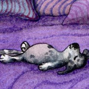 Sleepover print poster in 5x7 and 8x10 signed pals friends from a Susan Alison watercolour painting purple greyhound pups playing on bed image 2