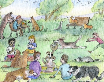 Dogs border collie corgi 5x7 8x10 print poster in the park having picnic lunch from a Susan Alison watercolour painting on the grass bench