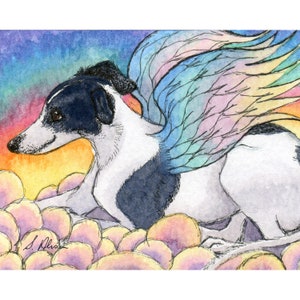 greyhound 5x7 and 8x10 inch art prints poster whippet lurcher angel wings on cloud from a Susan Alison watercolour painting dog sighthound