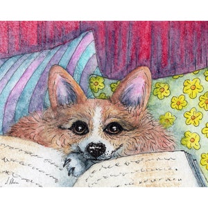 Welsh Corgi dog 5x7 & 8x10 print poster picture from Susan Alison watercolour painting she enjoyed reading books in bed novels stories cosy