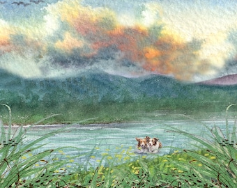 2 x chiens border collie marron et blanc jouant dans la rivière 5 x 7 et 20 x 10 pouces impression au bord du paysage au bord de la rivière à partir d'une peinture de Susan Alison