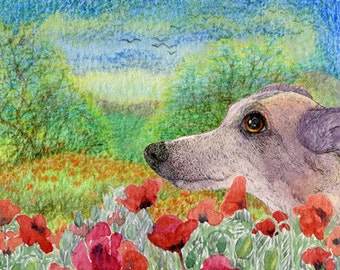 print poster 5x7 & 8x10 inch greyhound whippet lurcher dog thinking of you italian IG galgo poppy fields poppies from Susan Alison painting