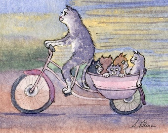 Cat carriage signed art 5x7 & 8x10 print cat on a bike riding a bike bicycle tabby cat and kittens from watercolor painting by Susan Alison