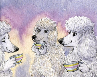 White Poodle 5x7 and 8x10 art print poster a cup of tea dogs having tea friends having a cuppa from a Susan Alison watercolour painting dog