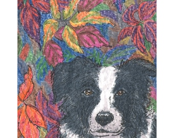 Contemplative border collie dog 8x10 and 5x7 inch signed print poster from a watercolour painting by Susan Alison sheepdog autumn leaves