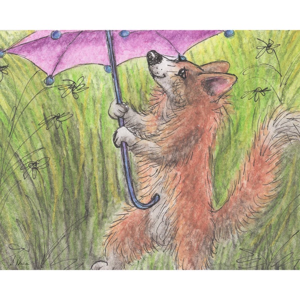 Corgi con cane stampa ombrello 5x7 e 8x10 poster d'arte dalla pittura ad acquerello di Susan Alison che canta sotto la pioggia musicale che piove cantando