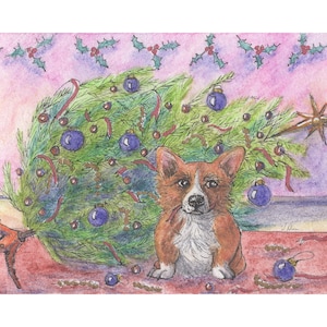 Welsh Corgi dog 8x10 & 5x7 print this doggo is obviously innocent of anything to do with the Christmas tree falling over by Susan Alison
