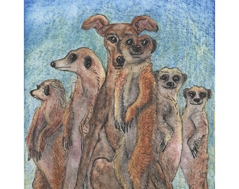 meercat meerkat group whippet greyhound dog print 5x7 and 8x10" lurcher sighthound from Susan Alison painting hidden camouflaged on lookout