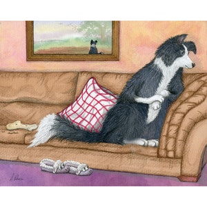 Border Collie dog 5x7 8x10 art print poster from Susan Alison painting fed up sheepdog on sofa nothing on the telly TV again sheep slippers