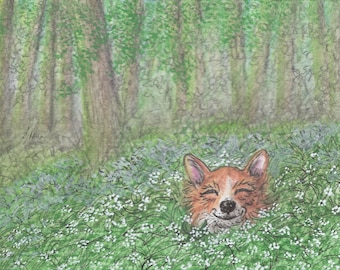 Welsh Corgi dog 5x7 8x10 inch prints poster wild garlic outdoor vegetable season flower from Susan Alison watercolour painting stinking rose