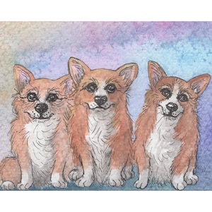 Welsh Corgi dog 8x10 and 5x7 inch prints poster from a Susan Alison watercolour painting three dogs devoted sisters singing a song a crowd