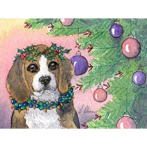 Beagle scent hound dog 5x7 8x10 print Christmas decorations baubles on Xmas tree from  a Susan Alison watercolour painting pink blue colour