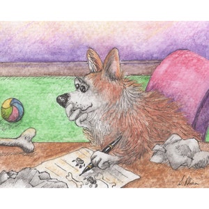 Welsh Corgi dog signed art print 5x7 & 8x10 inches from a Susan Alison watercolour painting word nerd angst writer writing novelist author