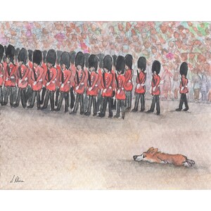 Welsh Corgi dog 5x7 and 8x10 inch art prints poster trooping the colour London from Susan Alison watercolour painting musician Royal Family