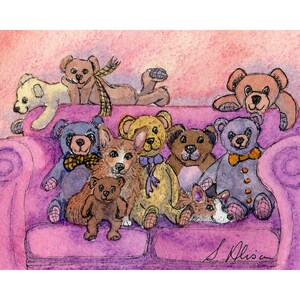 Pembroke Welsh Corgi dog 8x10 print they were waiting for th game to start on the TV teddy bear match superbowl friends NFL Susan Alison Art